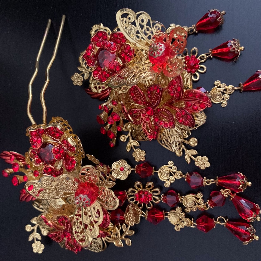 Wedding Gold Butterfly Red flower Hair Accessories